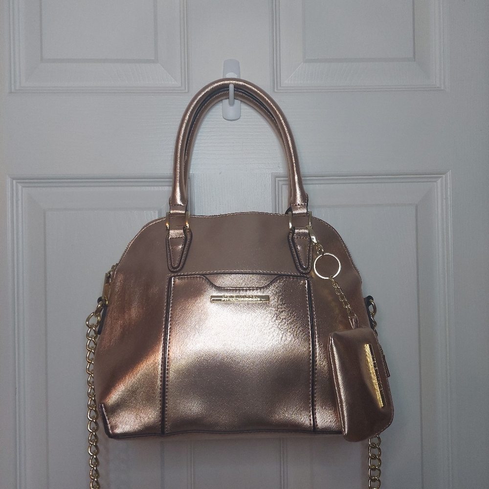 Steve Madden Rose Gold Metallic Satchel Bag Wristlet Crossbody Chain Strap